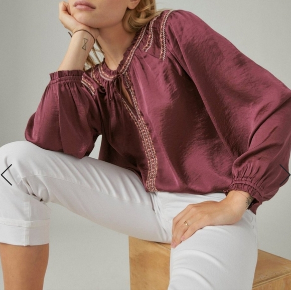 Elegant Embroidered Satin Peasant Top - Picture 2 of 7